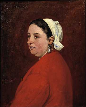塞尼奥拉·安妮塔身着红色连衣裙的肖像`Portrait of Senyora Anita with Red Dress (1872) by Benet Mercadé