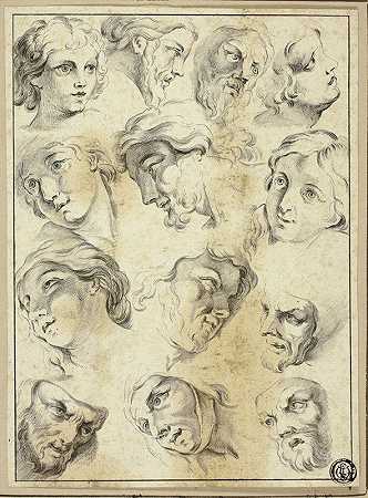 13张不同面孔的素描`13 Sketches of Various Faces by After Abraham Bloemaert