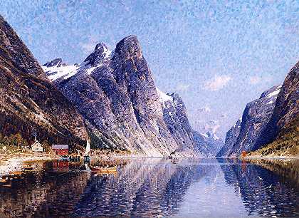 挪威峡湾的景色`A Norwegian Fjord Scene by Adelsteen Normann