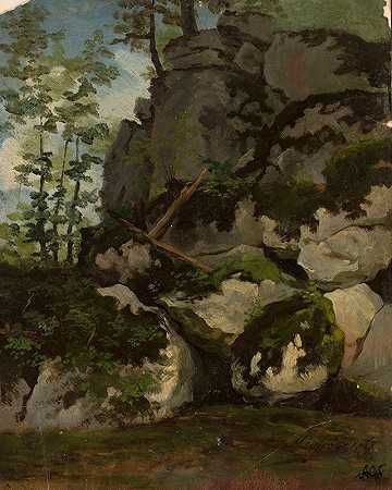 Mzurów附近的岩石景观`Landscape with rocks from the vicinity of Mzurów (1867) by Adrian Głębocki