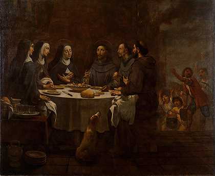 圣方济各和圣克莱尔在圣达米安修道院共进晚餐`Saint Francis and Saint Clare at Supper in the Convent of Saint Damian (from 1724 until 1733) by Antoni Viladomat