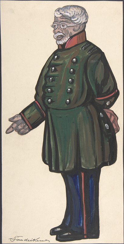 穿着绿色军装的老人`Old man in a green military coat by Sergey Yurievich Sudeikin