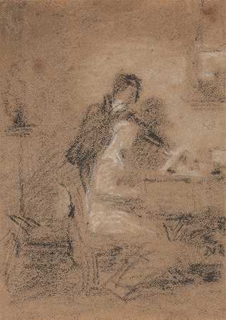 室内两个人物的草图一个坐着，一个站着`Sketch of Two Figures in an Interior; One Seated, One Standing by William Mulready