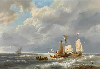 一艘荷兰驳船在强风中与小船相撞`A Dutch Barge Offshore Amid Small Vessels in a Stiff Breeze by Hermanus Koekkoek the Elder