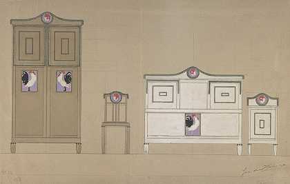 家具设计衣柜、椅子、衣柜和盥洗台`Furniture Designs; Wardrobe, Chair, Bureau and Washstand by Georges de Feure