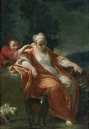 一个牧羊女在休息，一个小男孩在她的耳朵上挠痒痒`A Shepherdess Resting, With A Young Boy Tickling Her Ear by Studio of Giuseppe Maria Crespi