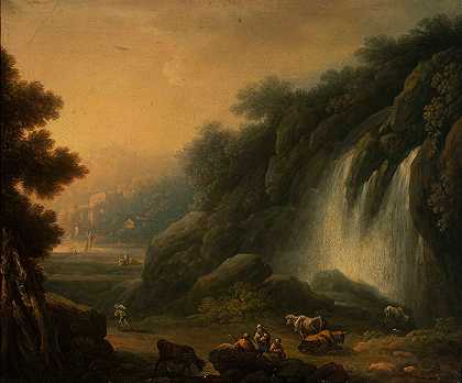 有瀑布和瀑布的山地景观`Mountain landscape with a waterfall and staffage by Franciszek Ksawery Lampi
