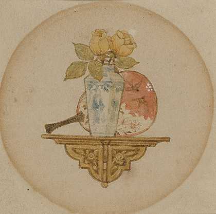 架子上扇子和花瓶的小插曲`Vignette of fan and vase on a shelf by John George Sowerby