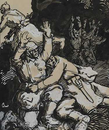 德国士兵在战壕里投降`Dans une tranchée, des soldats allemands se rendent (1914) by Auguste Louis Lepère