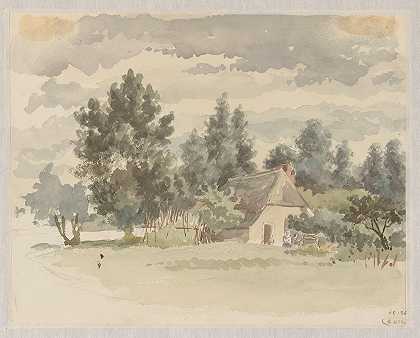 农场被树木环绕的景观`Landschap met boerderij omgeven door bomen (1866) by Jan Striening