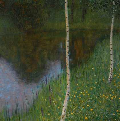 有桦树的湖岸`Lakeshore With Birches by Gustav Klimt