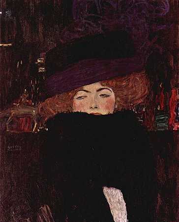 戴着帽子和羽毛的女士`Dame mit Hut und Federboa (1909) by Gustav Klimt