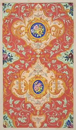 墙纸的设计特色是条纹、花边和镶满玫瑰花束的花边`Design for wallpaper featuring strapwork, rinceaux, and cartouches filled with bouquets of roses (1830–97) by Jules-Edmond-Charles Lachaise