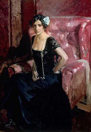 穿晚礼服的克洛蒂尔德`Clotilde in evening dress (1910) by Joaquín Sorolla