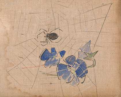 有蓝色花朵的蜘蛛网`A Spider and Web with Blue Flowers by Joseph Crawhall