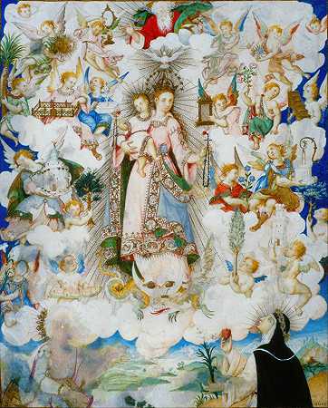 圣母玛利亚与亚历山大的圣凯瑟琳和锡耶纳的圣凯瑟琳`The Virgin of the Rosary with Saint Catherine of Alexandria and Saint Catherine of Sienna (1611) by Luis Lagarto