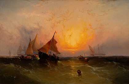 日落时的船只（纽约港日落）`Ships at Sunset (New York Harbor Sunset) (circa 1872) by Edward Moran