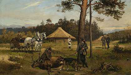 猎鹿之后`After hunting for a deer (1877) by Tadeusz Ajdukiewicz