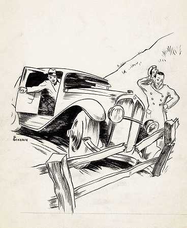 男人开车撞着栅栏`Mannen rijden met een auto tegen een hek (1930) by F. Ockerse