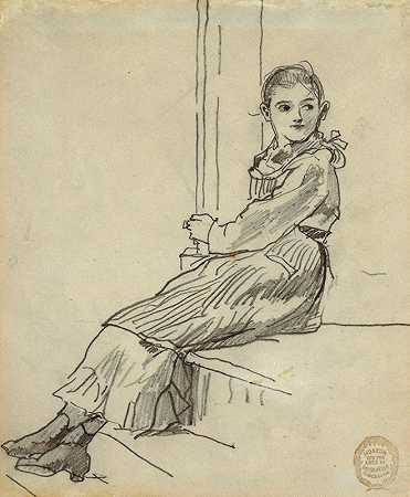 坐在门廊台阶上的女孩`Girl Seated on a Porch Step (1879) by Winslow Homer