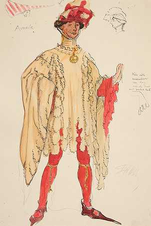 奥默尔，亨利·欧文计划为理查二世制作的服装素描`Aumerle, costume sketch for Henry Irving’s Planned Productino of King Richard II by Edwin Austin Abbey