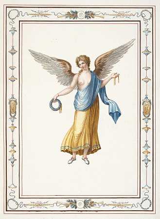 手持花环和金丝带的女天使。`Female angel holding wreath and gold ribbon. (1783) by Pierre-Jean Mariette