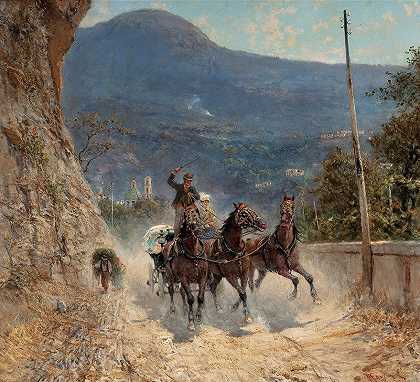 马和旅行者登上意大利山路`Horses and Travelers Ascending an Italian Mountain Road (1881) by Francesco Mancini