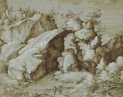 带有天然拱门的岩石景观`Rocky Landscape with a Natural Arch (c. 1575) by Gherardo Cibo