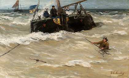 海浪中的渔船`Fishing boats in the surf by Hendrik Willem Mesdag