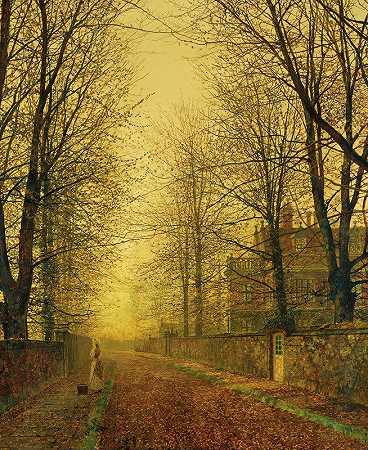 秋天金色的光芒`In Autumns Golden Glow by John Atkinson Grimshaw