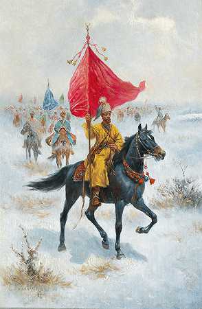 骑在马背上的哥萨克，在冬天的风景中有一个标准`Cossacks on Horseback Bearing a Standard in a Winter Landscape by Adolf Baumgartner-Stoiloff