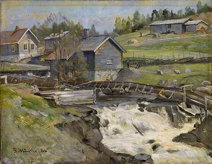 海德马克斯坦奇瀑布`Waterfall at Stange in Hedmark (1886) by Gerhard Munthe