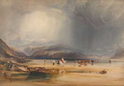 在阿伯格拉斯林桥（Pont Aberglaslyn）和特雷马多克（Tremadoc）之间的福特（Ford）上，从特雷斯·莫尔（Traeth Mawr）的沙滩上俯瞰斯诺登（Snowdon）`A View of Snowdon from the Sands of Traeth Mawr, taken at the Ford Between Pont Aberglaslyn and Tremadoc (1834) by Anthony Vandyke Copley Fielding