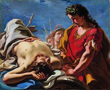 亚历山大看着死去的大流士的尸体`Alexander at the Corpse of the Dead Darius (1708) by Giovanni Antonio Pellegrini