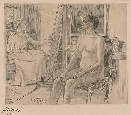 这位艺术家模仿女性裸体模特`Kunstenares werkt naar vrouwelijk naaktmodel (1901) by Jan Toorop