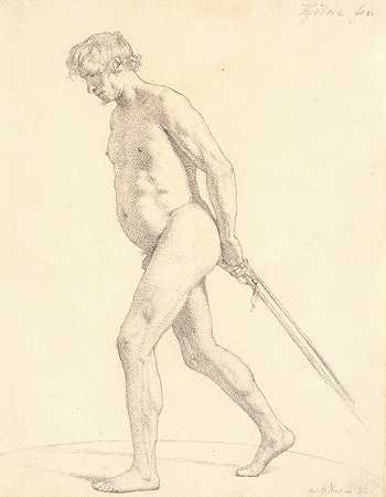 走路的男模特拉着绳子`Gående mandlig akademimodel, der trækker i tove (1832) by Christen Købke