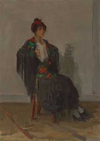 穿着西班牙连衣裙的女士`Seated lady in a Spanish dress by Isaac Israëls