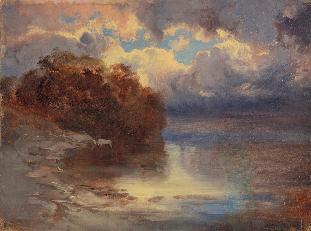湖边和地块树木`Bord De Lac Et Massif Darbres (1849~1854) by Alexandre Calame