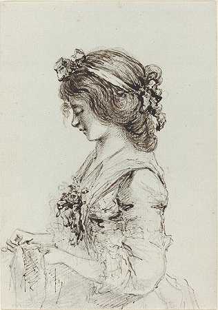 缝纫的年轻女子（recto）`A Young Woman Sewing (recto) (c. 1790) by Vivant Denon