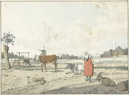 有农民和牛的景观`Landschap met boerin en vee (1700 ~ 1800) by W. Barthautz