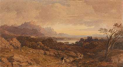 远山浪漫景观`Romantic Landscape with Distant Mountains (1842) by John Varley