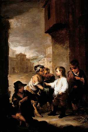 维拉纽瓦的圣托马斯把他的衣服分给乞丐`St. Thomas of Villanueva dividing his clothes among beggar boys (circa 1667) by Bartolomé Estebán Murillo