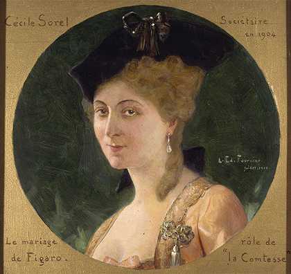 塞西尔·索雷尔（Cécile Sorel，1873-1966）的肖像画，法国喜剧协会成员，在费加罗的婚礼上扮演伯爵夫人。`Portrait de Cécile Sorel (1873~1966), sociétaire de la Comédie~Française, dans le rôle de la comtesse du Mariage de Figaro. (1910) by Louis Édouard Fournier