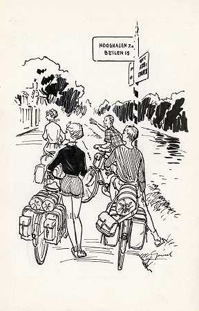 四个骑自行车的人站在路标前`Vier fietsers bij een wegwijzer (1930)