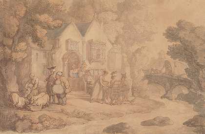 河桥附近乡村`Country inn near river bridge (ca. 1780–1825) by Thomas Rowlandson