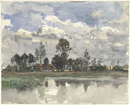 在多云的天空中倒映在水中的树木`Bomen zich spiegelend in het water bij een bewolkte lucht (1845 ~ 1925) by Julius Jacobus van de Sande Bakhuyzen