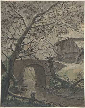 桥旁的房子`A House near a Bridge (17th century) by Anthonie Waterloo