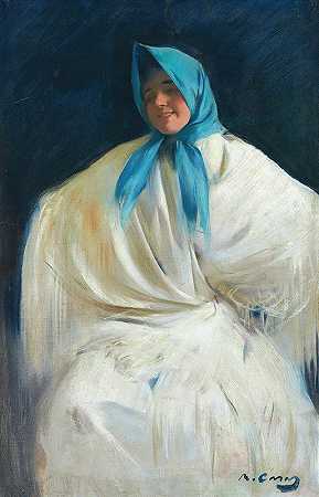 披着蓝色围巾的皮条客`Chula con Pañuelo Azul (girl with a blue scarf) by Ramón Casas