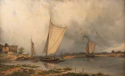 驳船`Barges by the banks of river Elbe (1871) by the banks of river Elbe by Carl Julius von Leypold