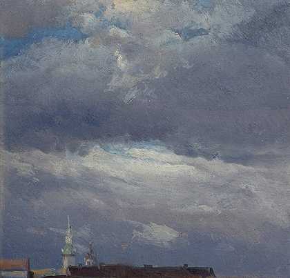 德累斯顿城堡塔上空的风暴云`Stormclouds over the Castle Tower in Dresden (circa 1825) by Johan Christian Dahl